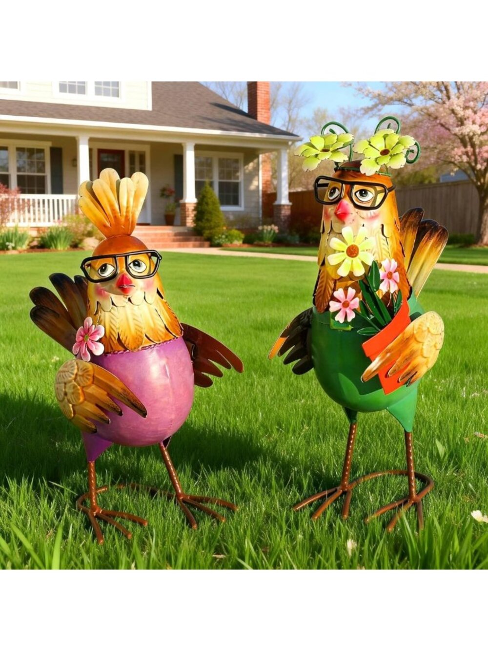 Charming Metal Rooster & Hen Outdoor Statues - Rustic Chicken Sculptures Set